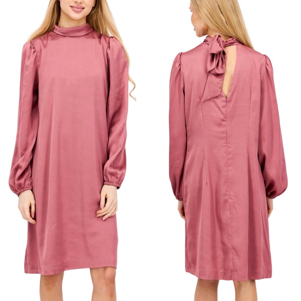 International Concepts Rose Pink Satin High Tie Neck Mini Shift Dress Large NWT
